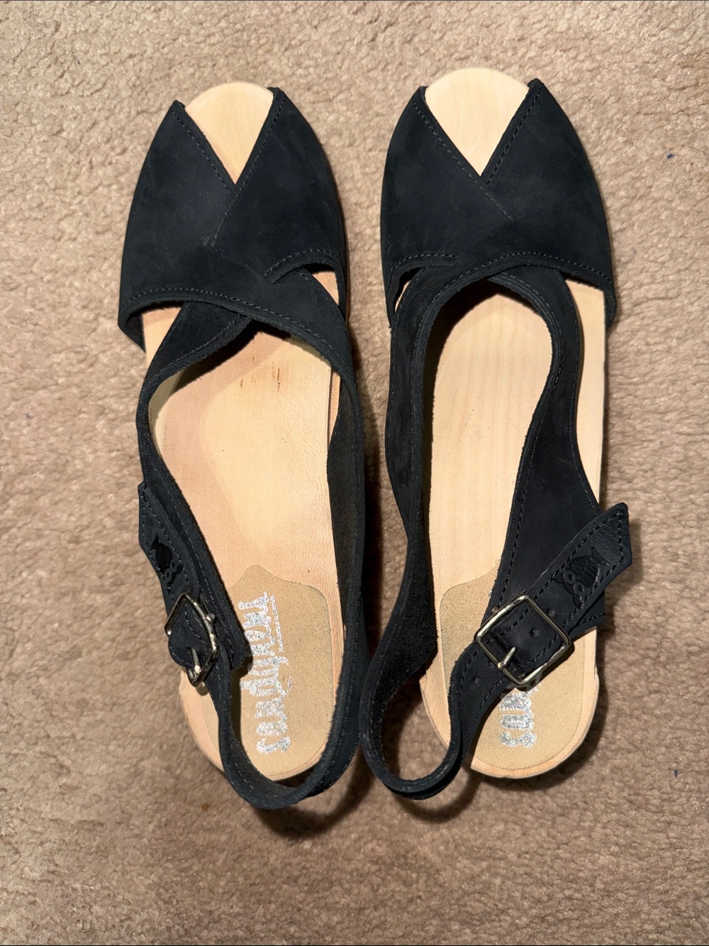Sandgrens Morocco Suede Crossed Clog Sandals Euro Lime Wood Soles SZ 40